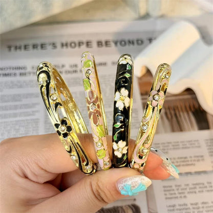 Elegante pulsera de esmalte de flores con circonitas – Pulsera retro chapada en oro con ojo turco floral para mujer | Joyería de moda para fiesta