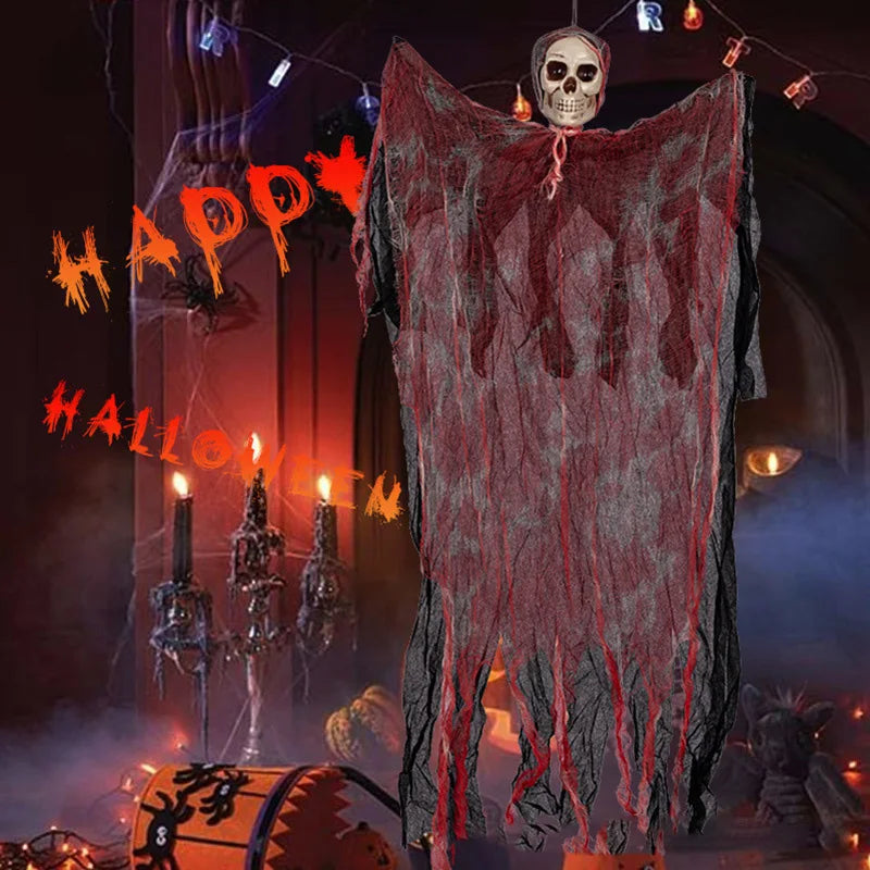 1PC 90CM Halloween Hanging Skeleton Ghost Decoration – Scary Indoor & Outdoor Prop for Parties, Bars, Haunted Houses & Graveyard Decor