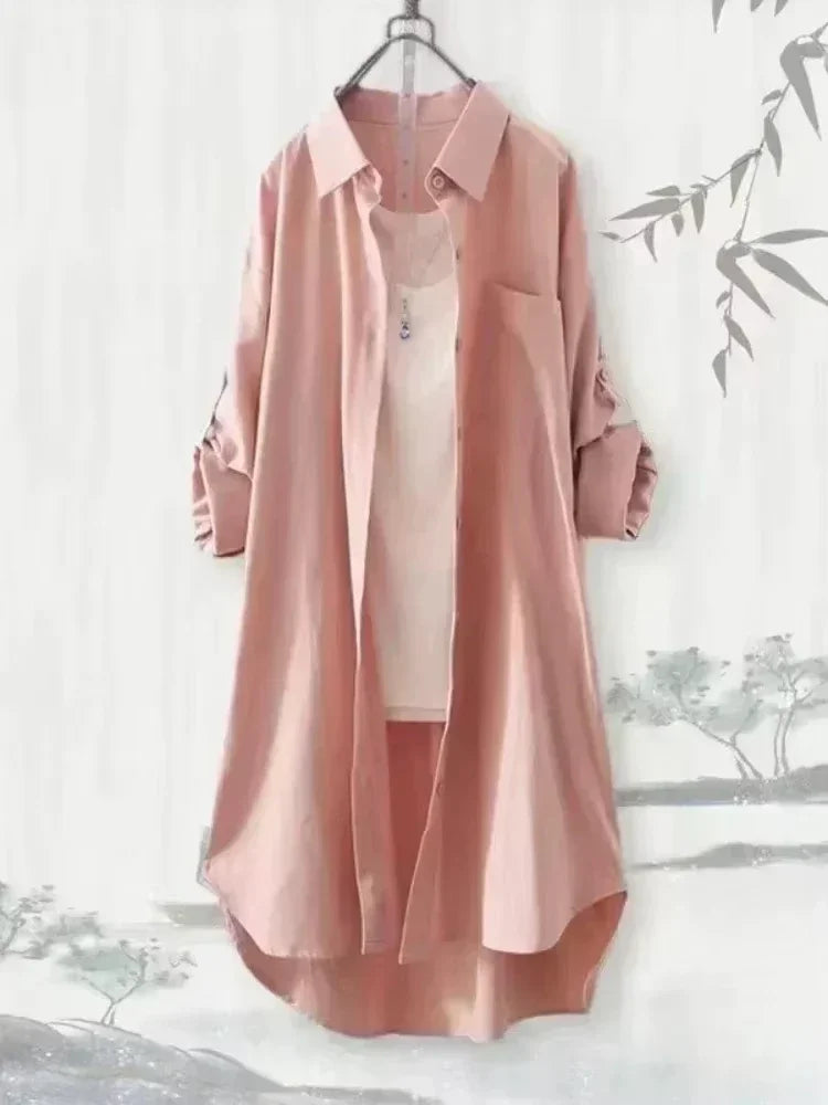 Plus Size Women's Long Sleeve Blouse – Breathable Loose Korean-Style Solid Color Casual Shirt