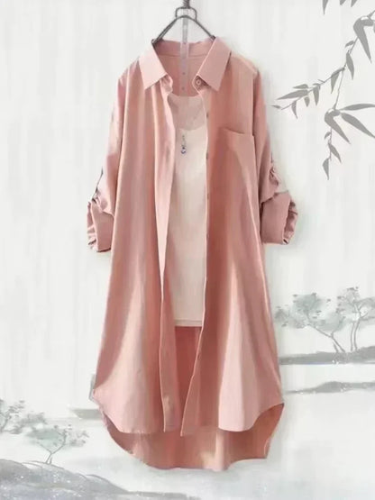 Plus Size Women's Long Sleeve Blouse – Breathable Loose Korean-Style Solid Color Casual Shirt