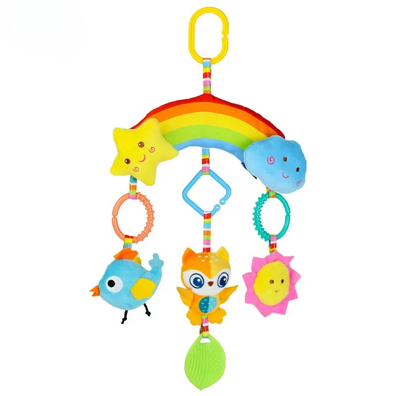 Peluche de actividades "Bebé Arcoíris" – Juguete sensorial colgante para cochecito para 0-12 meses, juguete móvil para asiento de coche y cuna, juguete de viaje suave y educativo para el desarrollo y juego del recién nacido.