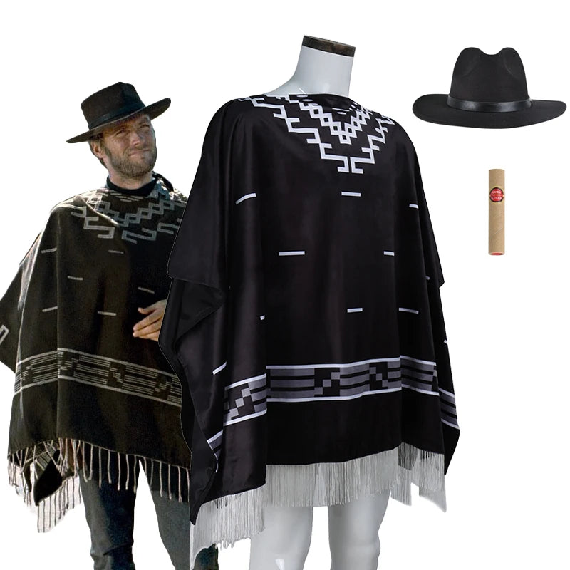 Clint Eastwood Inspired Cowboy Poncho Cosplay Costume – Men’s Aztec Pattern Serape Shawl Cape with Hat for Halloween & Movie Roleplay