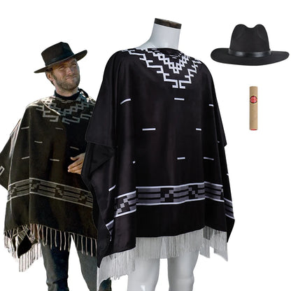 Clint Eastwood Inspired Cowboy Poncho Cosplay Costume – Men’s Aztec Pattern Serape Shawl Cape with Hat for Halloween & Movie Roleplay