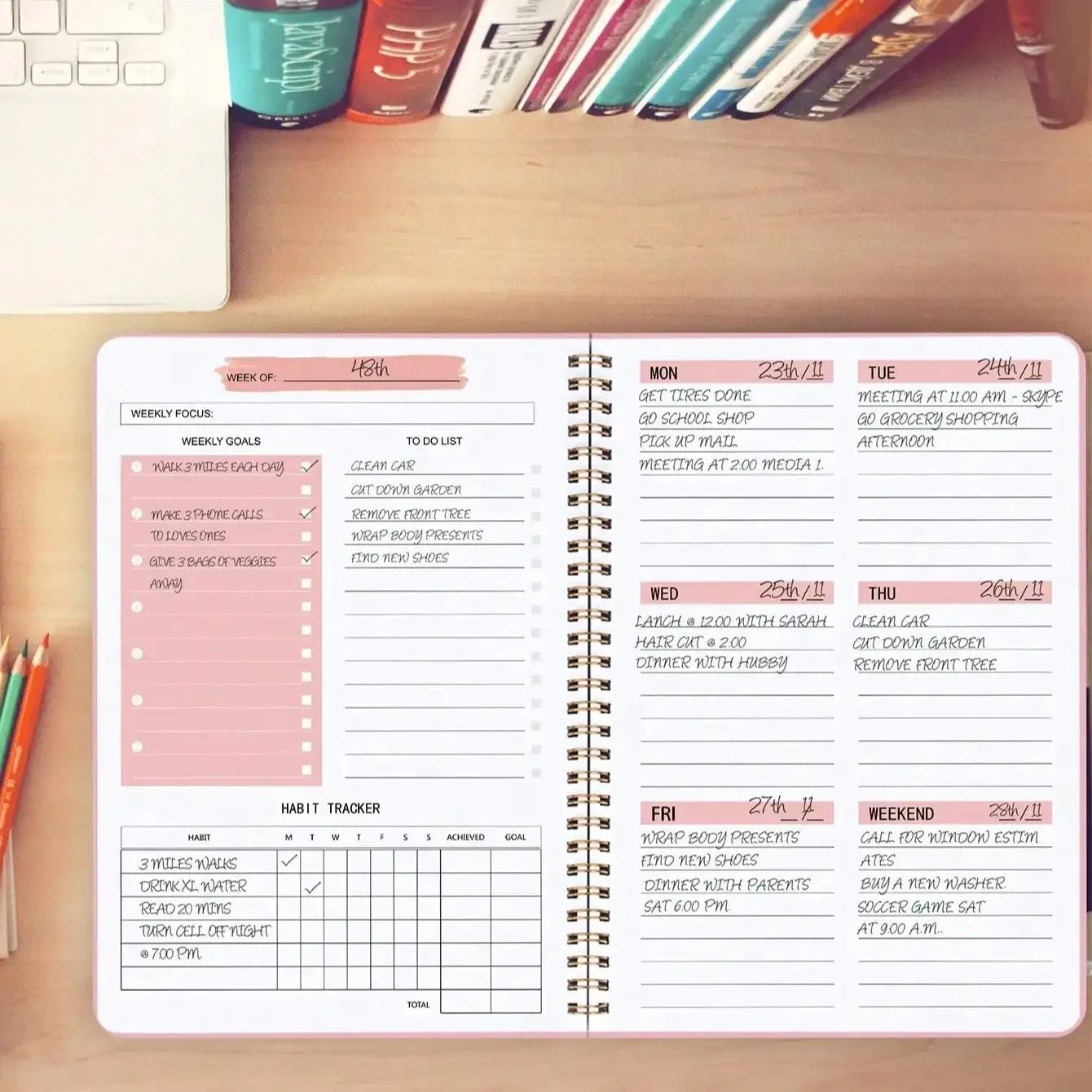A5 Undated Weekly Planner Notebook – Spiral Agenda for Daily Planning, School & Office