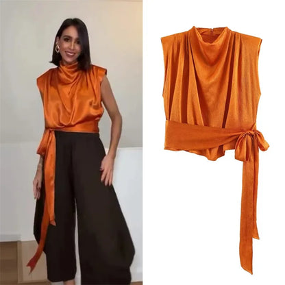 Women’s 2026 Spring Orange Sleeveless Satin Top Long Ribbon Elegant Stylish Fashion Blouse