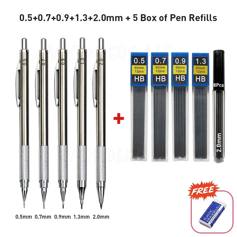 Crayon mécanique entièrement métallique de 0,3/0,5/0,7/0,9/1,3/2,0/3,0 mm – Crayon de dessin technique de précision pour l'esquisse, le dessin, la peinture, l'art, les fournitures de bureau et scolaires