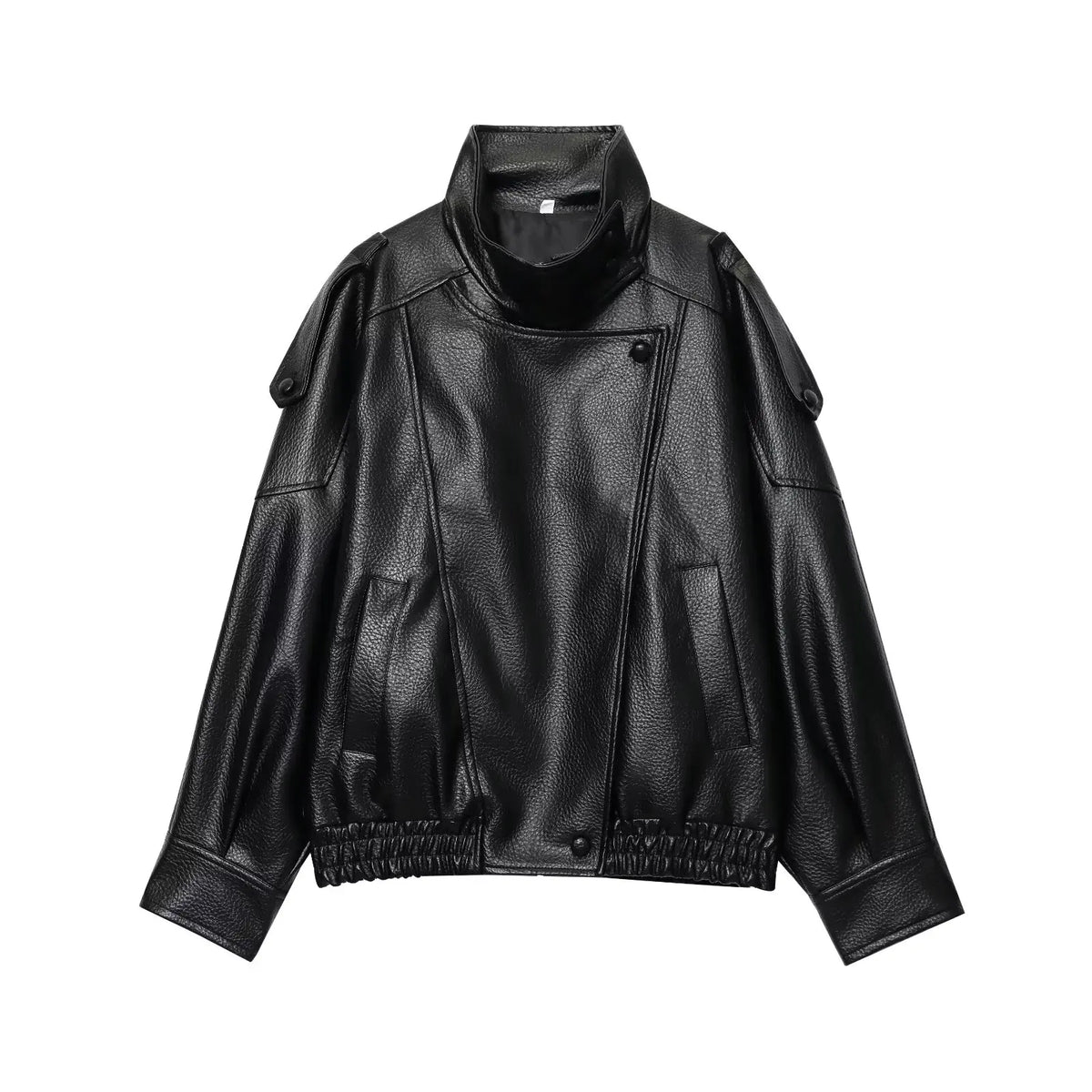 TFMLN Women’s Black Faux Leather Jacket – Oversized Long-Sleeve Button-Up Coat, Elastic-Fit Fashion Outerwear for Autumn & Winter Streetwear