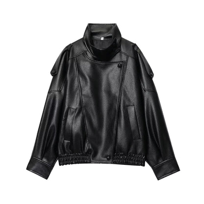 TFMLN Women’s Black Faux Leather Jacket – Oversized Long-Sleeve Button-Up Coat, Elastic-Fit Fashion Outerwear for Autumn & Winter Streetwear
