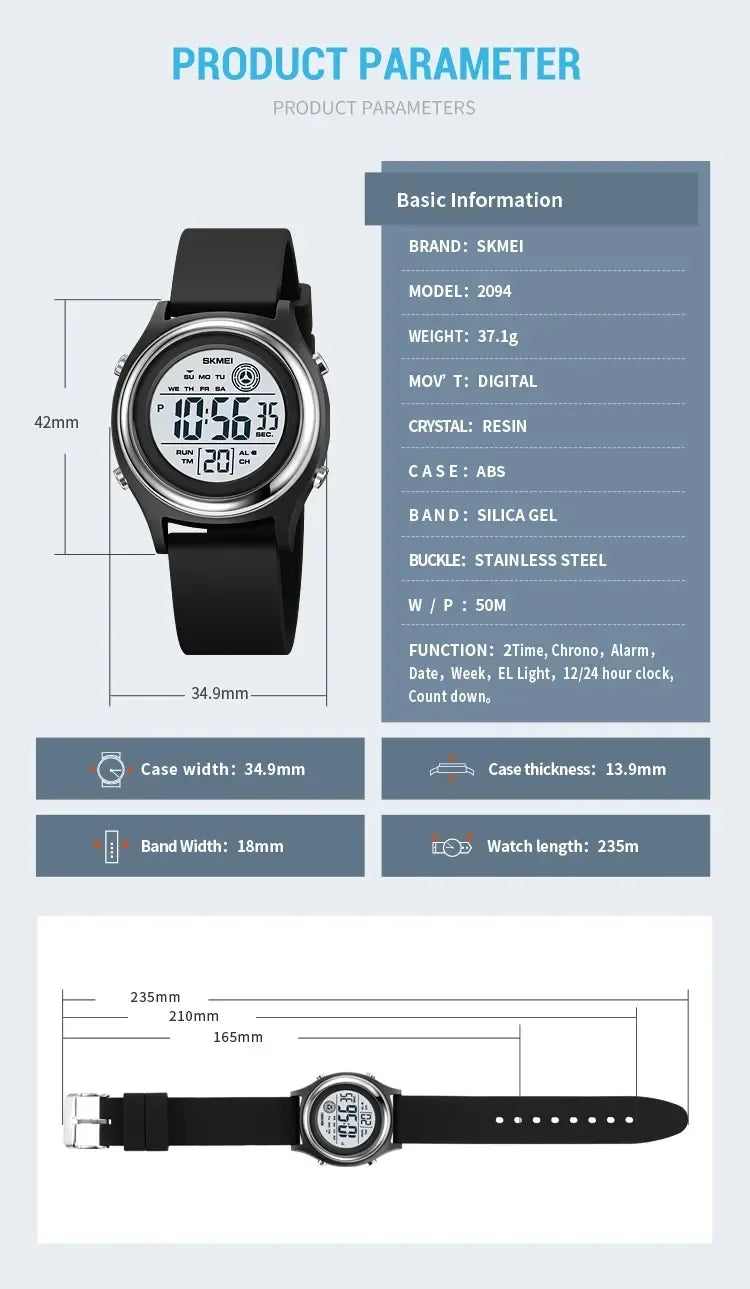 SKMEI 2094 Waterproof Shockproof Digital Sport Watch (Women’s Luxury Countdown Stopwatch)