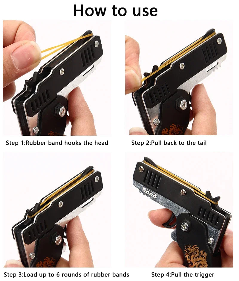 Llavero de pistola de goma de metal - Mini pistola de juguete de aleación con 60 gomas elásticas para juegos al aire libre, diversión en fiestas y regalos