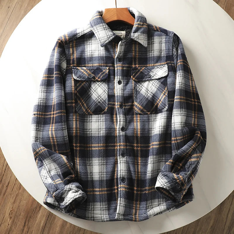 Men’s Fleece-Lined Flannel Shirt Jacket – Thick Warm Long-Sleeve Plaid Coat, Vintage Casual Outerwear for Autumn & Winter