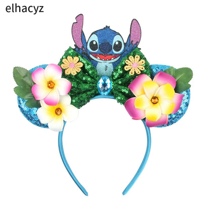 Diadema de orejas de Mickey Mouse de Lilo & Stitch – Lazo de lentejuelas de 5" Accesorio para el cabello de dibujos animados para mujeres y niñas | Diadema para fiestas y festivales