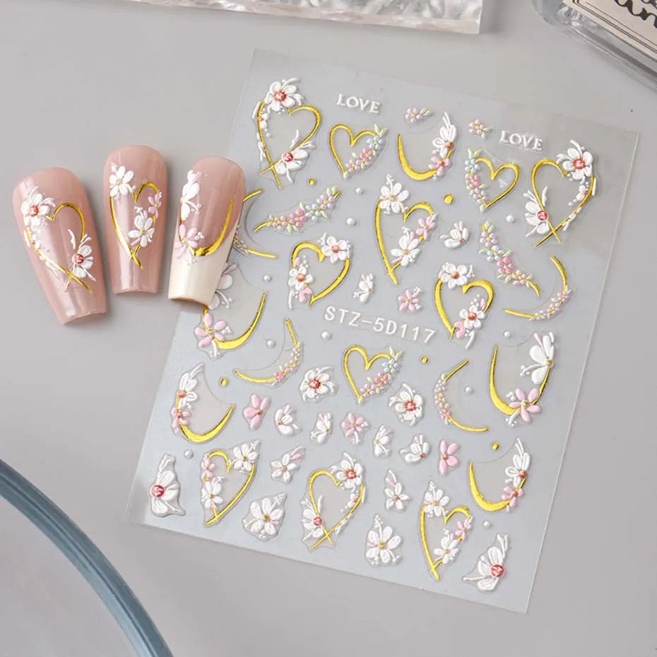 2pcs 5D Embossed Flower Nail Stickers – Golden Heart & Pink Petal Nail Art Decals for Valentine’s Manicure Decoration