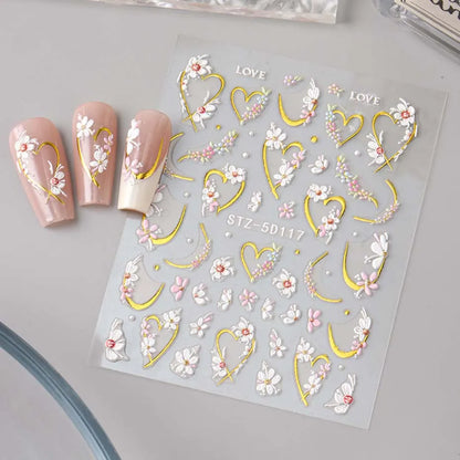 2pcs 5D Embossed Flower Nail Stickers – Golden Heart & Pink Petal Nail Art Decals for Valentine’s Manicure Decoration