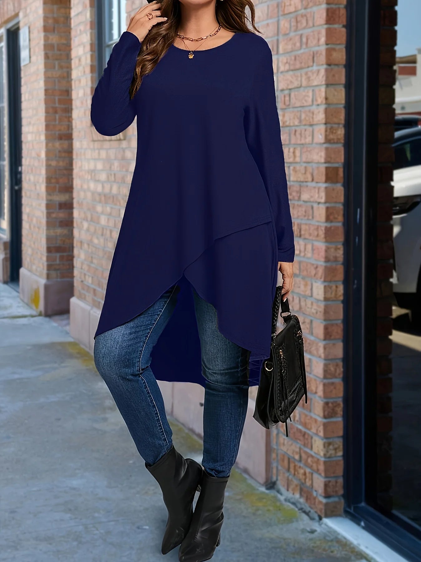Plus Size Women's Asymmetrical Hem Long Sleeve Top – Elegant Round Neck Solid Color Casual Pullover Shirt