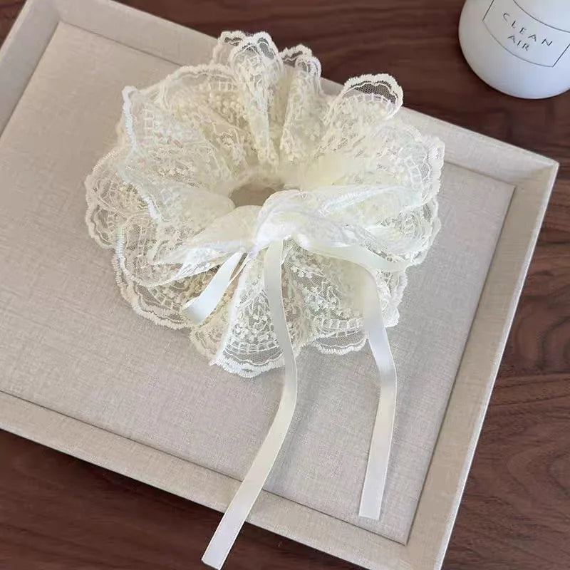 Korean Dot Satin Scrunchies – White & Black Silk Elastic Hair Ties for Women & Girls | Fashion Ponytail Hair Accessories