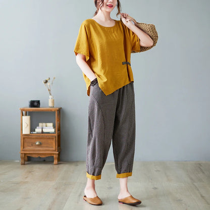 Women's Cotton Linen Two-Piece Set – Summer Wide-Leg Pants & Asymmetric Button Top Chinese-Style Casual Outfit