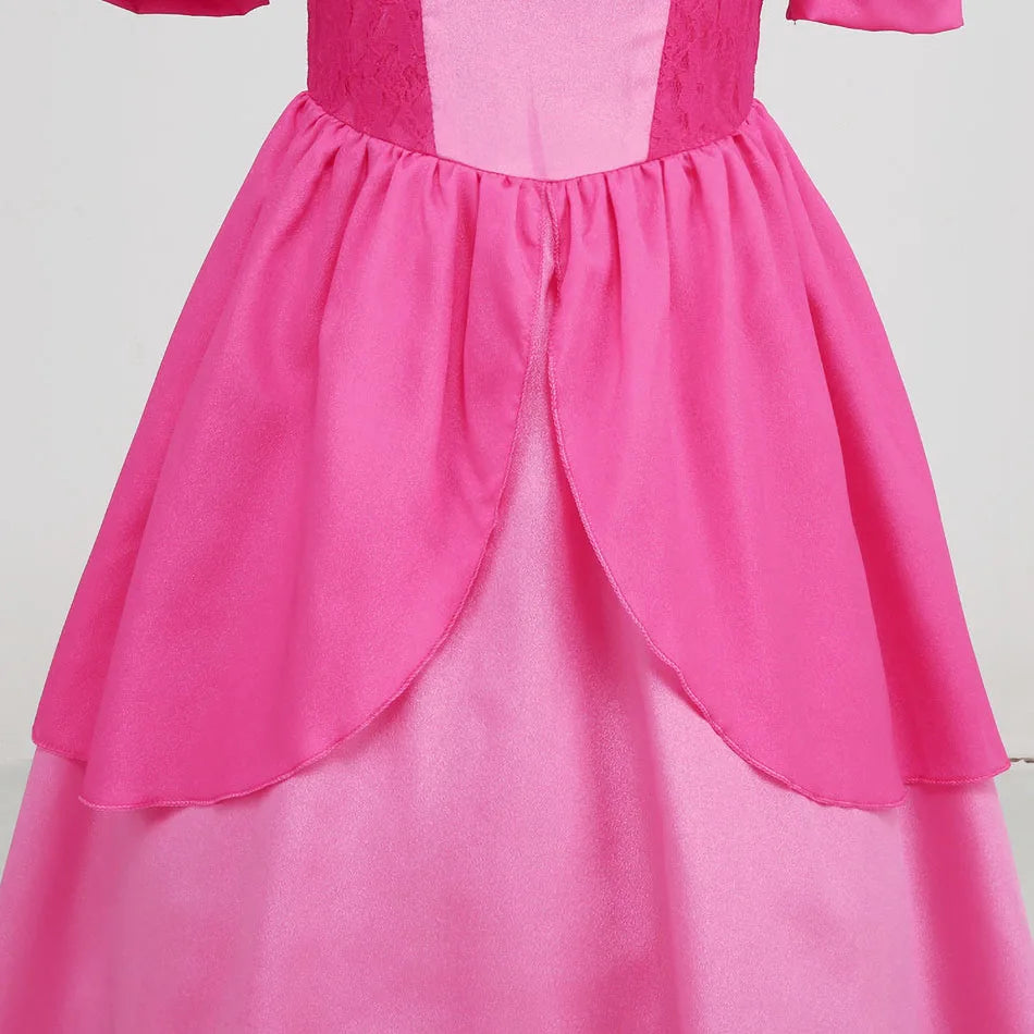 Princess Peach Cosplay Dress – Bubble Sleeve Princess Costume for Kids, Summer Halloween & Christmas Party Outfit