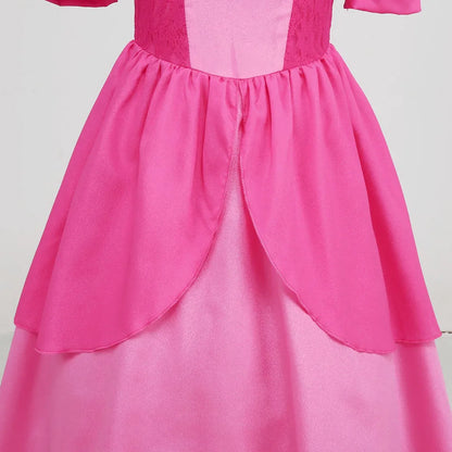 Princess Peach Cosplay Dress – Bubble Sleeve Princess Costume for Kids, Summer Halloween & Christmas Party Outfit