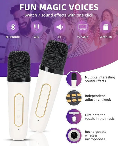 High-Power Portable Karaoke Bluetooth Speaker – 360° Stereo Surround Sound Waterproof Boombox with Wireless Subwoofer & 2 Microphones