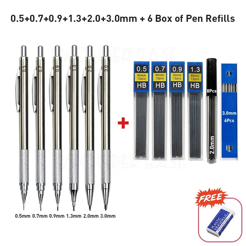 Crayon mécanique entièrement métallique de 0,3/0,5/0,7/0,9/1,3/2,0/3,0 mm – Crayon de dessin technique de précision pour l'esquisse, le dessin, la peinture, l'art, les fournitures de bureau et scolaires