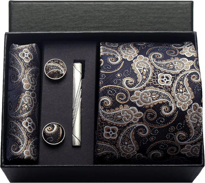 Corbata de seda 100% con diseño floral de Paisley para hombre con pañuelo de bolsillo, pasador de corbata y gemelos en caja de regalo
