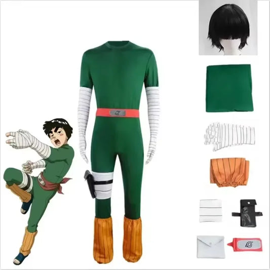 Disfraz de Cosplay de Anime inspirado en Rock Lee de Naruto con Peluca – Mono Verde Uniforme para Halloween, Carnaval y Fiestas de Rol