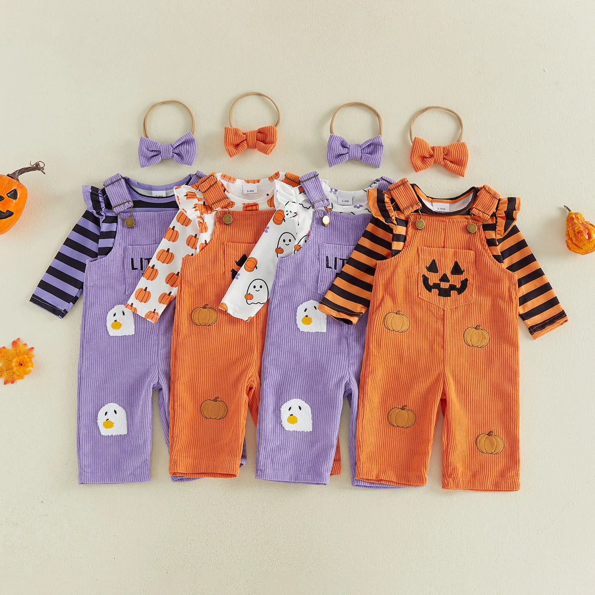 Toddler Girls 3-Piece Halloween Outfit – Long-Sleeve Striped Romper with Pumpkin & Ghost Embroidery, Overalls & Bow Headband