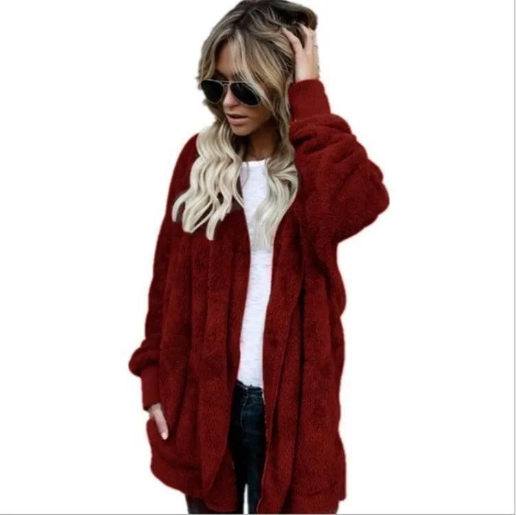 Women’s Double-Fleece Hooded Cardigan Jacket – Solid Color Plush Warm Coat with Long Sleeves, Oversized Autumn & Winter Outerwear