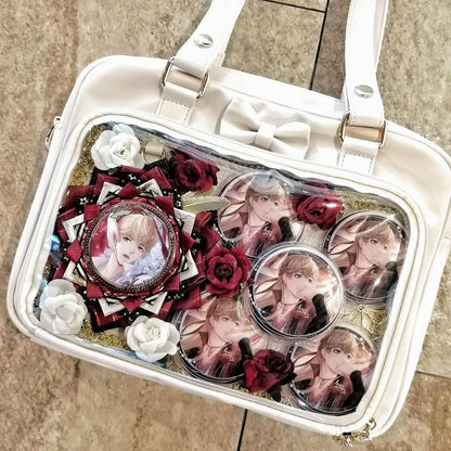 Bolso Y2K lindo con moño Ita – Bolso de hombro transparente para mujer y niña, bolso tote de exhibición de insignias DIY, bolso bandolera de moda Lolita con diseño de moño Kawaii