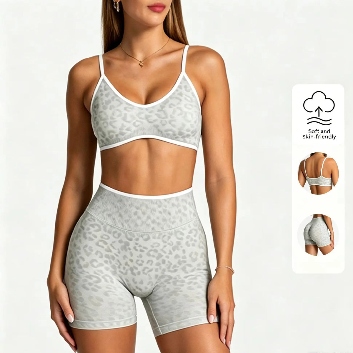 Women's Leopard Print 2-Piece Yoga Set – High-Waist Biker Shorts & Adjustable-Strap Sports Bra for Gym, Workout, Yoga & Activewear