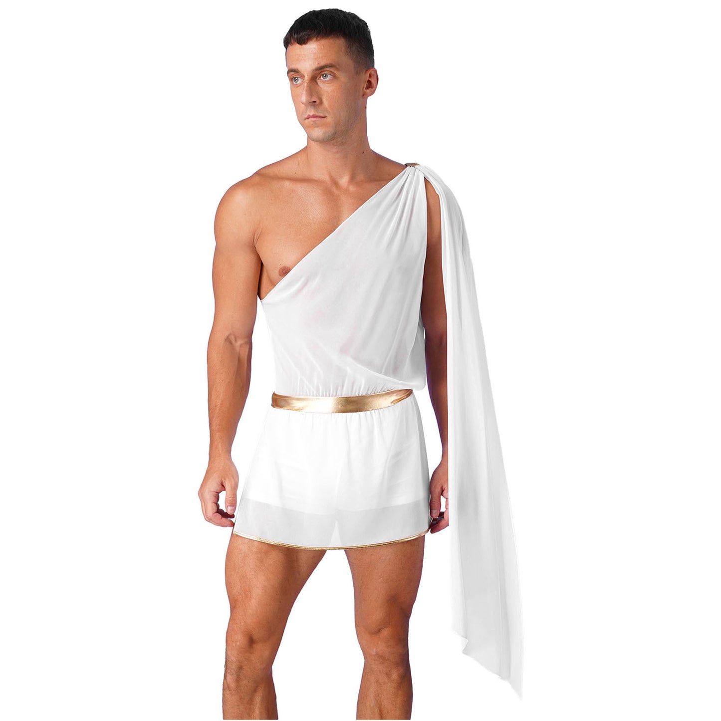Men’s Ancient Greek & Egyptian Pharaoh Cosplay Costume – Metallic Shiny Toga Robe with Sleeves for Halloween & Roleplay