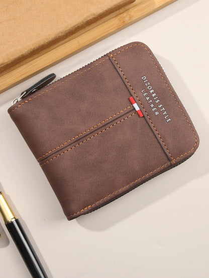 Men's Retro Trifold Wallet PU Leather Short Wallet with Zipper Coin Pocket & Buckle Closure