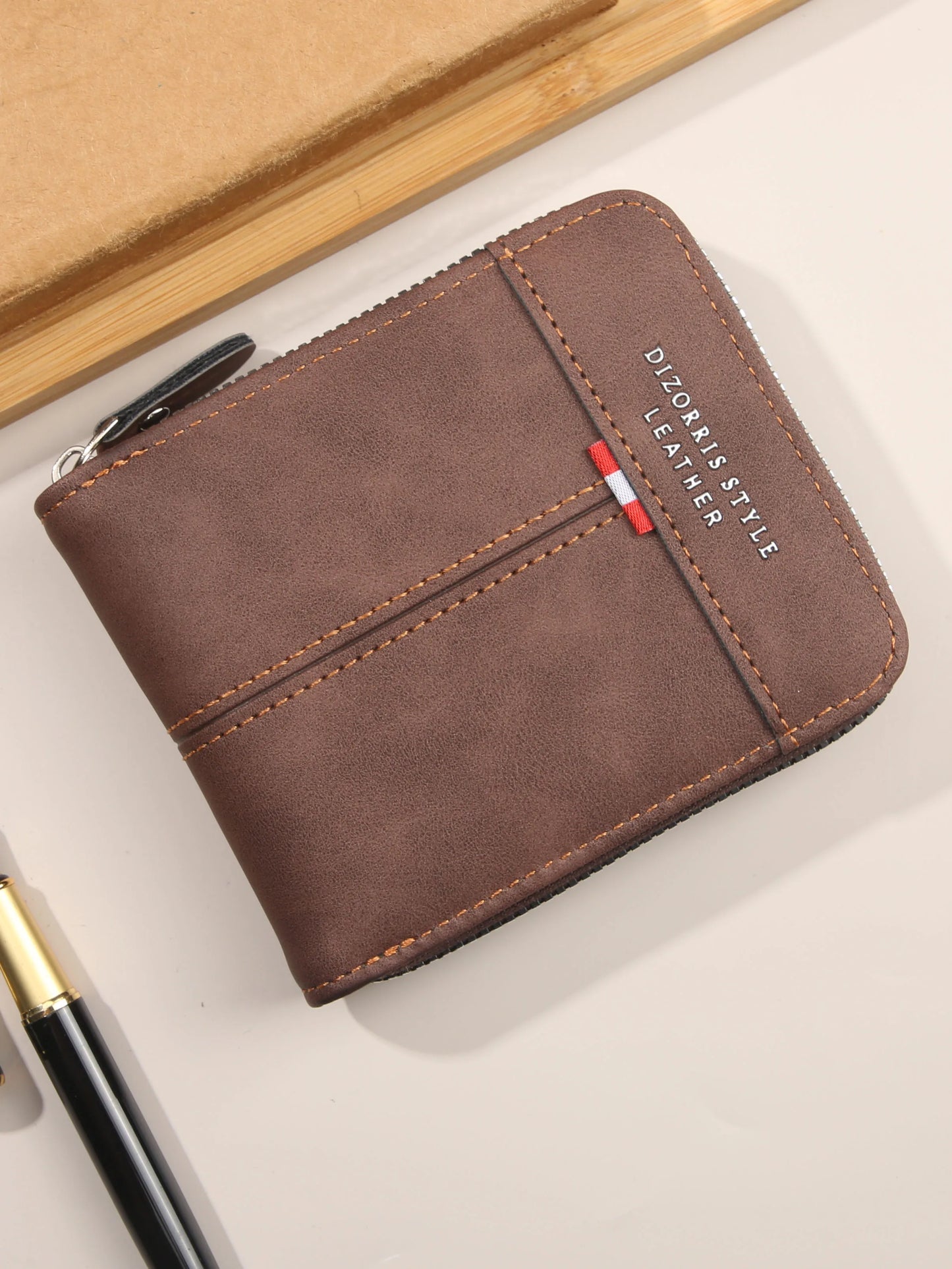 Cartera Trifold Retro de Cuero PU para Hombre con Monedero de Cremallera y Cierre de Hebilla