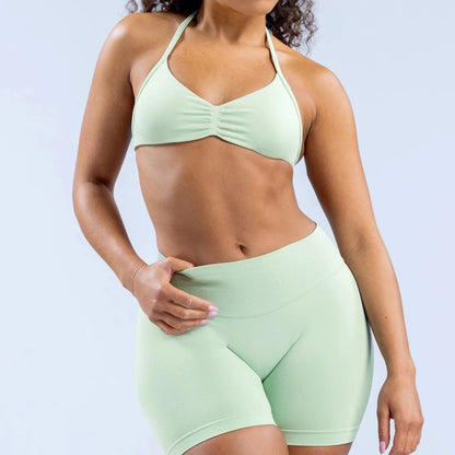 Women’s Seamless Yoga Set – 2PCS Strappy Sports Bra & High Waist Scrunch Shorts Gym Workout Outfit