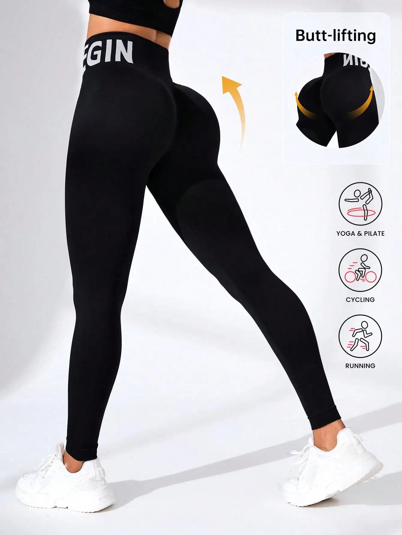 Seamless Yoga Leggings – High-Waist Butt-Lifting Quick-Dry Breathable Workout Tights with Lettering Print for Women