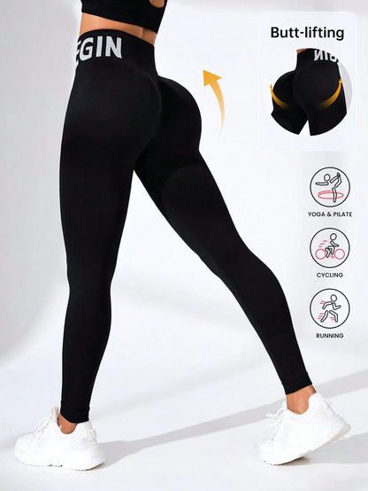 Seamless Yoga Leggings – High-Waist Butt-Lifting Quick-Dry Breathable Workout Tights with Lettering Print for Women
