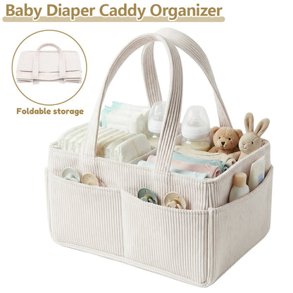 Panier de rangement pliable en velours côtelé avec poignées pour couches, essentiels et accessoires de nouveau-né