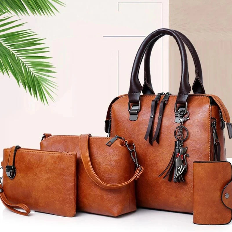 4PCS Women's Tassel Handbag Set – Luxury Leather Top-Handle & Shoulder Purses, Designer-Style Composite Bags for Elegant Everyday Fashion