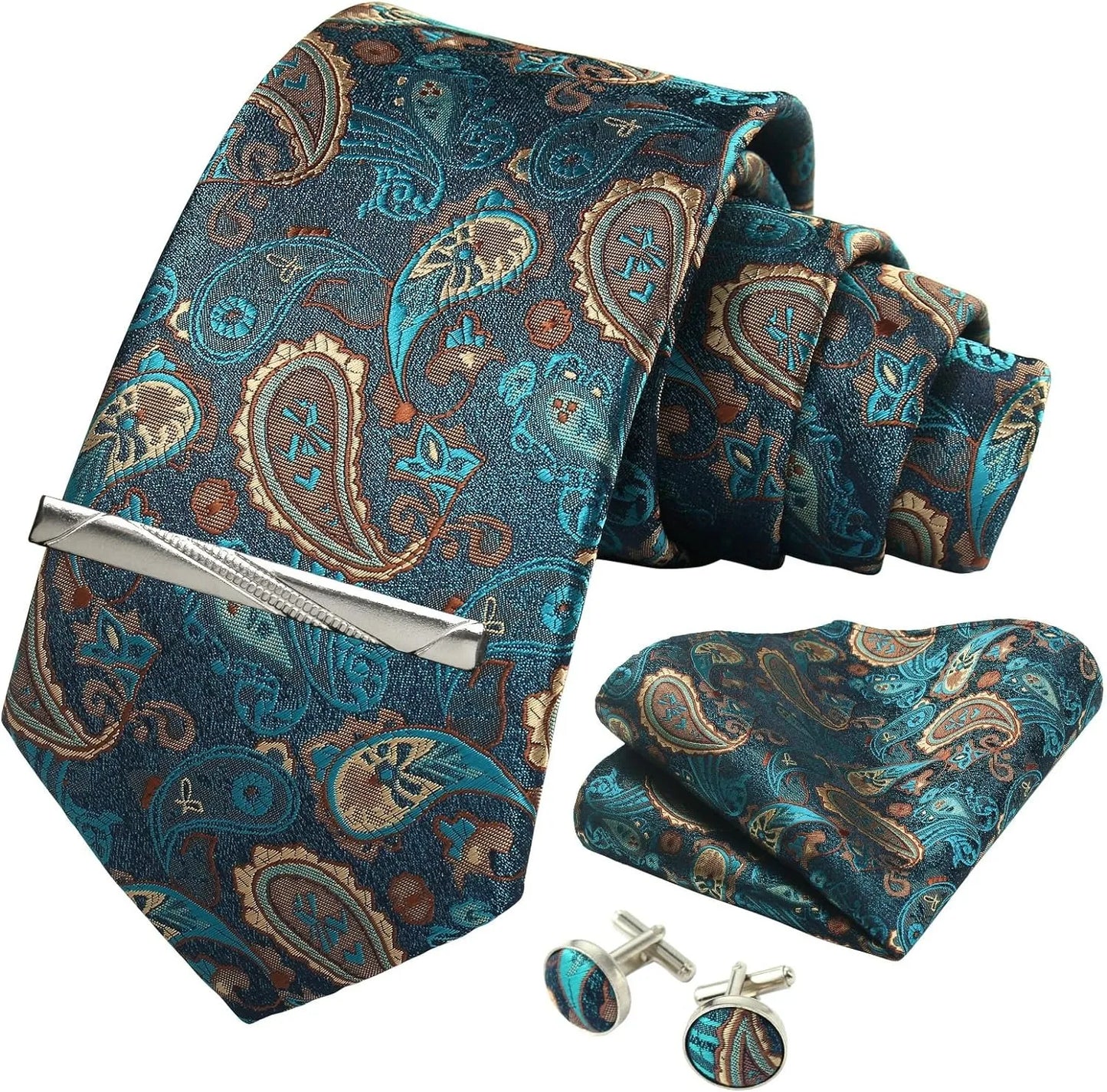 Corbata de seda 100% con diseño floral de Paisley para hombre con pañuelo de bolsillo, pasador de corbata y gemelos en caja de regalo