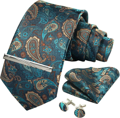 Corbata de seda 100% con diseño floral de Paisley para hombre con pañuelo de bolsillo, pasador de corbata y gemelos en caja de regalo