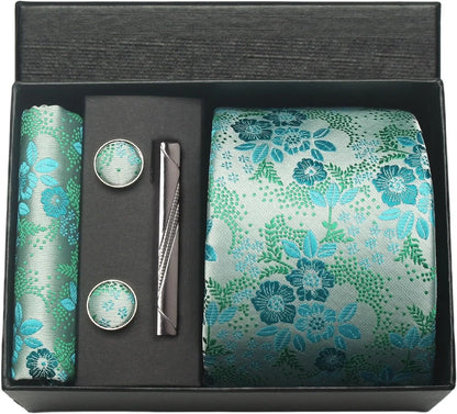 Corbata de seda 100% con diseño floral de Paisley para hombre con pañuelo de bolsillo, pasador de corbata y gemelos en caja de regalo