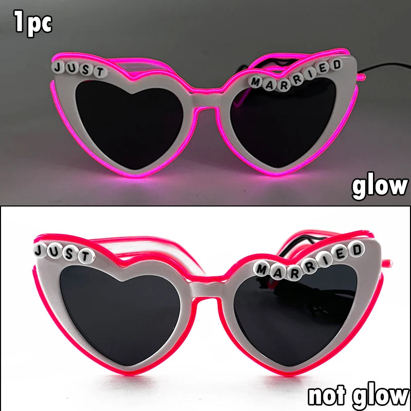 Just Married LED Heart Glasses – Light-Up EL Neon Glasses for Weddings, Engagements & Bridal Showers