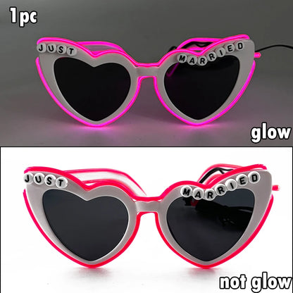 Just Married LED Heart Glasses – Light-Up EL Neon Glasses for Weddings, Engagements & Bridal Showers