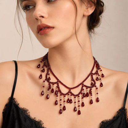 Red Teardrop Tassel Pearl Beaded Necklace – Multi-Layer Collarbone Chain for Women, Dark Elegant Statement Jewelry with Unique Design