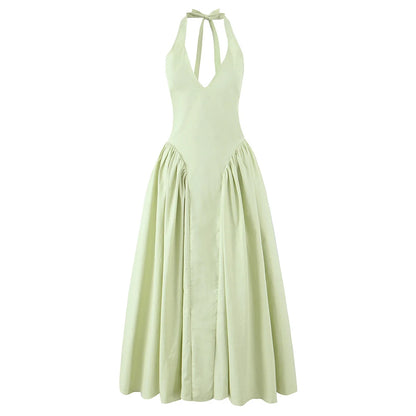 YENKYE Women’s Sexy Backless Green Halter Midi Dress Elegant Low Waist A-Line Cotton Summer Evening Party Robe