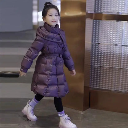 Girls’ Long Hooded Winter Coat – Thick Warm Cotton-Padded Jacket, Solid Color Snow Outerwear for Kids Ages 5–12