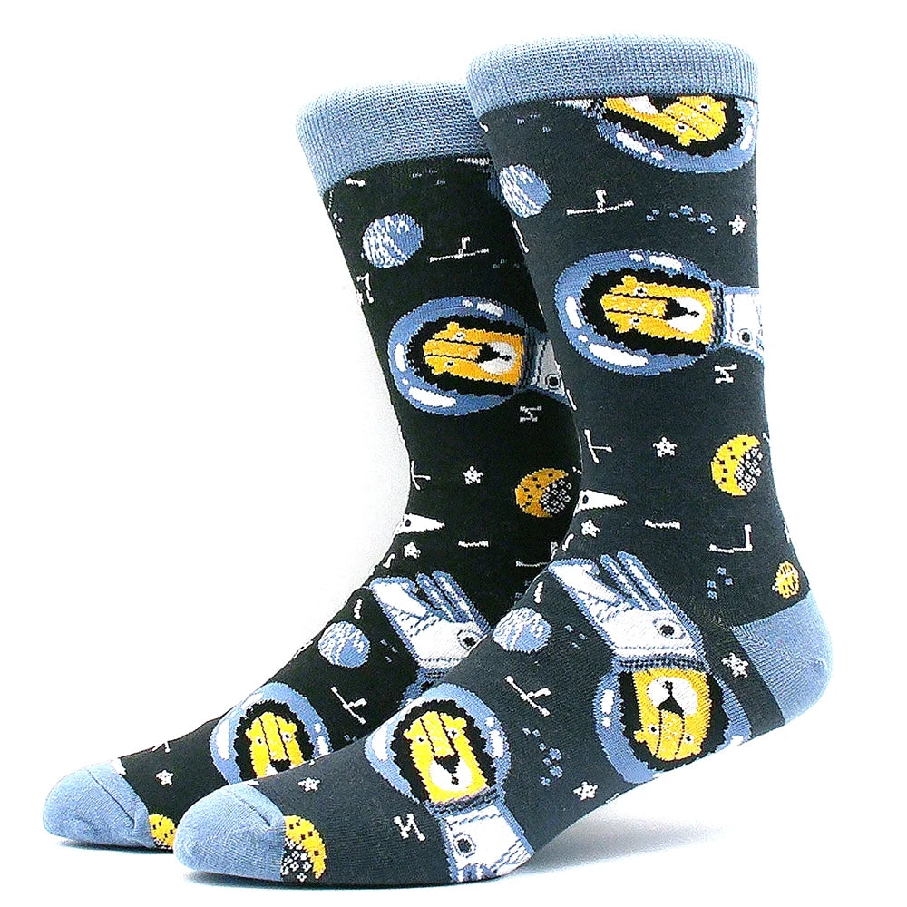 Funny Colorful Hip Hop Socks – Combed Cotton Animal, Astronaut & Geometric Print Socks for Men & Women, Business Dress Wear