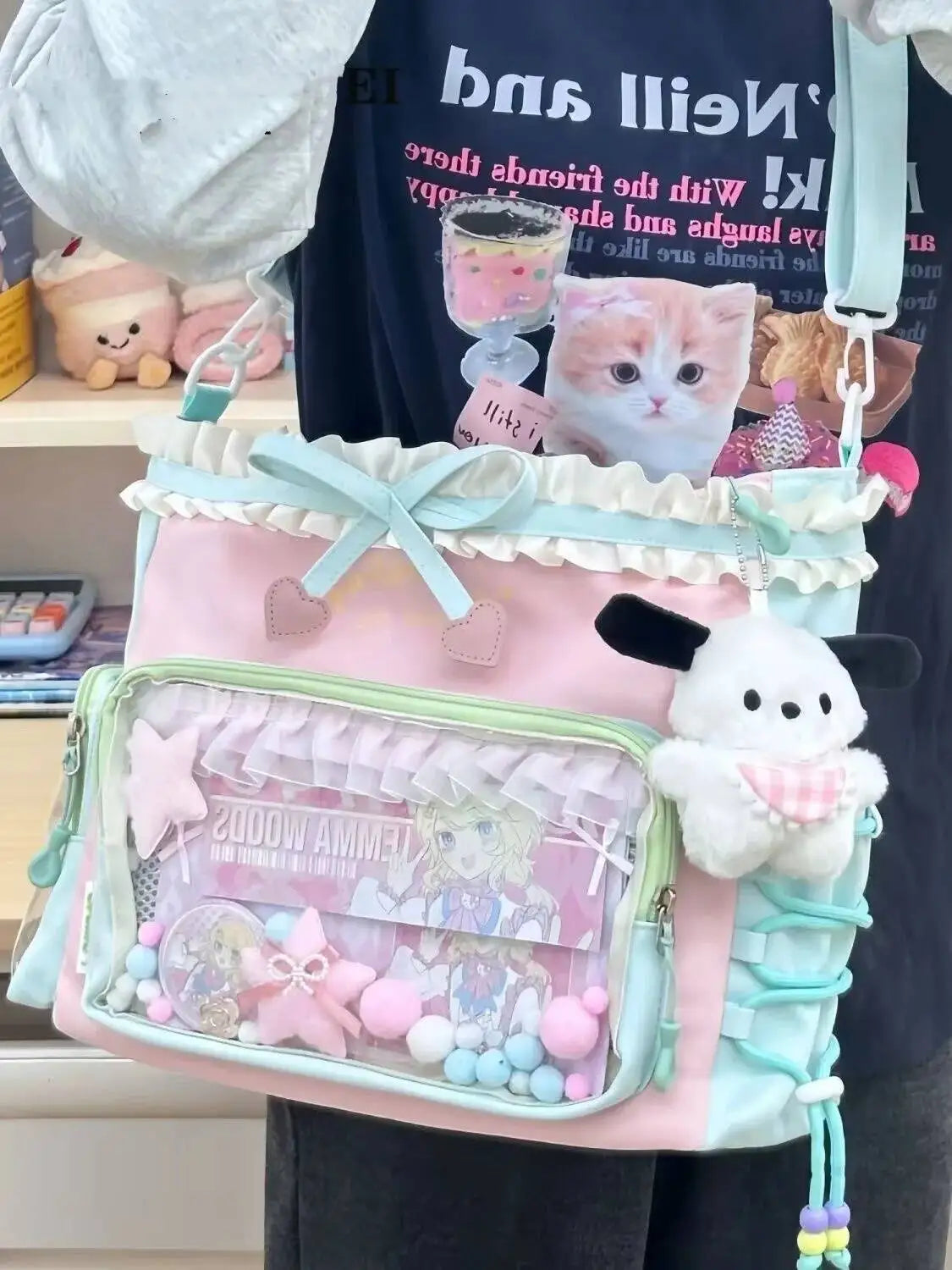 Bolsa Ita Japonesa Y2K para Mujer – Bonito Bolso de Hombro Transparente Lolita, Bolso Cruzado Grande de Exhibición DIY, Cartera de Moda Kawaii para la Escuela, Viajes y Uso Diario