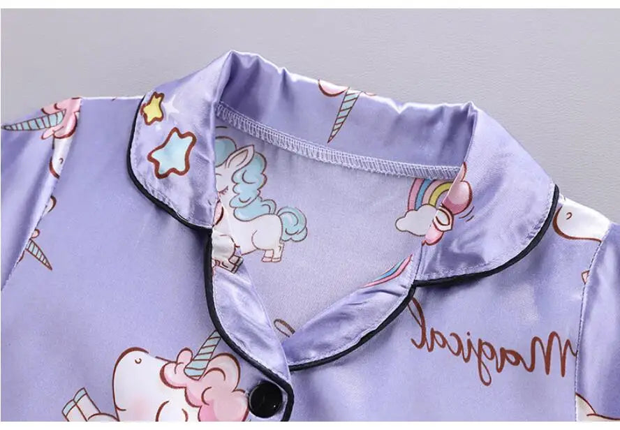 Conjunto de Pijama de Verano para Niñas – Conjunto de Pijama de Satén de Unicornio de Dibujos Animados de 2 Piezas | Ropa de Dormir Suave para Niños Pequeños con Aire Acondicionado
